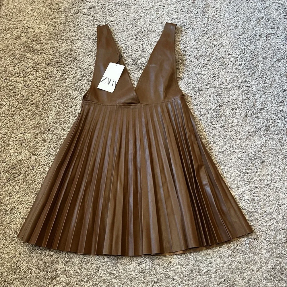 Zara Brown Faux Leather Pleated Strapless Pinafore Dress